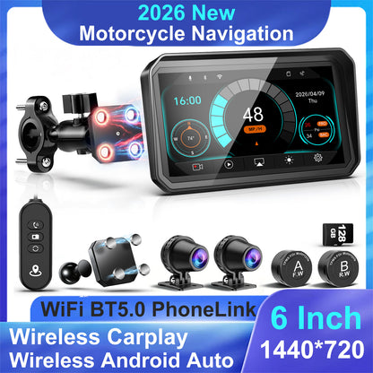 2026 Weuaste 6" Portable Motorcycle CarPlay GPS(Includes 128G SD), with Wireless Android Auto, Dual 2K Dash Cam/Recorder, Navigation, HD Waterproof Touchscreen, Quick-Release Magnetic Bracket, TPMS, BT