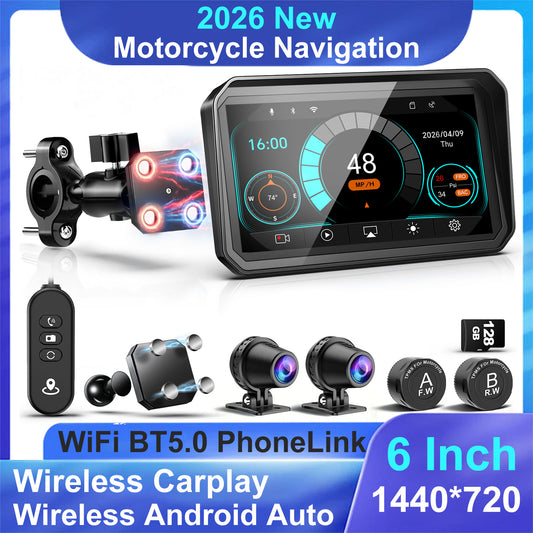 2026 Weuaste 6" Portable Motorcycle CarPlay GPS(Includes 128G SD), with Wireless Android Auto, Dual 2K Dash Cam/Recorder, Navigation, HD Waterproof Touchscreen, Quick-Release Magnetic Bracket, TPMS, BT