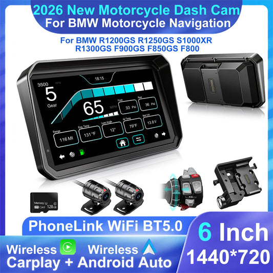 Weuaste Motorcycle CarPlay for BMW, Dual 2K Dash Cam, Native Data, Wonder Wheel, 6" Android Auto IP69K Waterproof GPS, Native Data Reading, TPMS, Light Sensor, QLED Touchscreen, 128GB Card, Loop Recording
