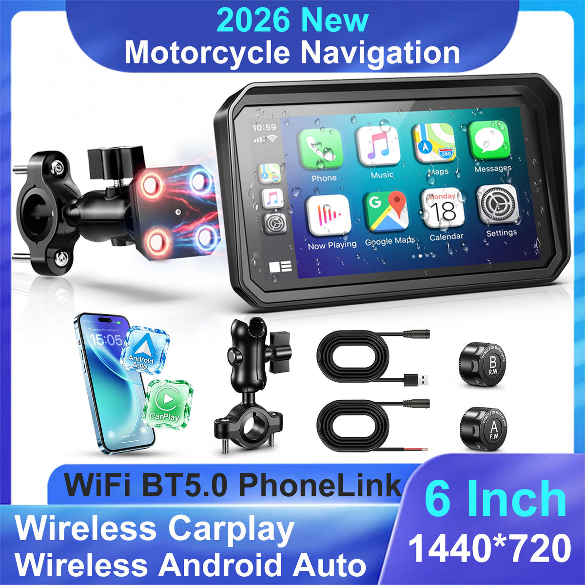 2026 Weuaste GPS Carplay 6 inch for Motorcycle with TPMS, Wireless CarPlay & Android Auto, GPS Nevigation, Supports Bluetooth, Siri, Google Assistant, Vioce Control, USB, IP69K HD Waterproof Touchscreen