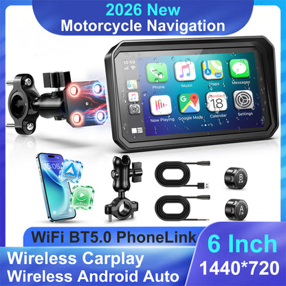 2026 Weuaste GPS Carplay 6 inch for Motorcycle with TPMS, Wireless CarPlay & Android Auto, GPS Nevigation, Supports Bluetooth, Siri, Google Assistant, Vioce Control, USB, IP69K HD Waterproof Touchscreen
