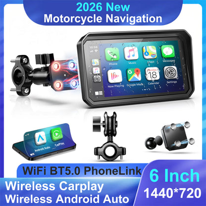 WEUASTE 6" Wireless Motorcycle Carplay with Android Auto, Waterproof GPS Nevigation System Screen for Motorbike, Music Sharing,Vioce Control,Light Sensor, BT,Anti-Theft Design Quick-Release Magnetic Mount