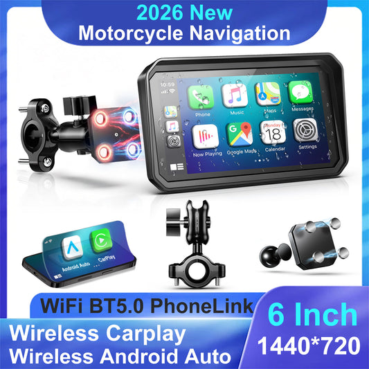 WEUASTE 6" Wireless Motorcycle Carplay with Android Auto, Waterproof GPS Nevigation System Screen for Motorbike, Music Sharing,Vioce Control,Light Sensor, BT,Anti-Theft Design Quick-Release Magnetic Mount