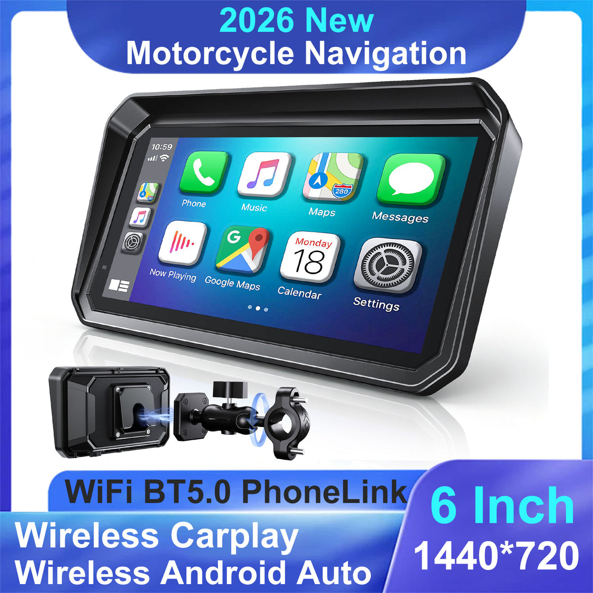 Weuaste 6" Motorcycle CarPlay Screen & Android Auto, Find My, Magnetic Mount, 1000-Nit Touchscreen, IP69K Waterproof, Smartphone GPS Navigation, Helmet Headset Support, Voice Control, Custom Boot Logo