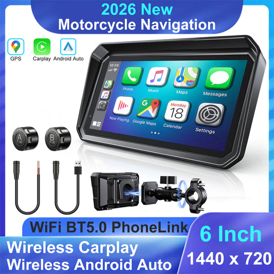 Weuaste 6" Motorcycle CarPlay Screen & Android Auto, Find My, TPMS, USB Power, Magnetic Mount, 1000-Nit Touchscreen, IP69K Waterproof, Smartphone GPS Navigation, Helmet Headset Support, Voice Control