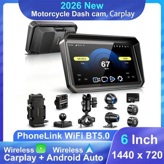 2026 Weuaste 6" Motorcycle CarPlay QLED Touchscreen (Includes 128G SD), with TPMS, Wireless Android Auto, 2K Dual Dash Cam, GPS Navigation, BT, Quick-Release, Anti-Glare/Waterproof Screen, Vioce Control
