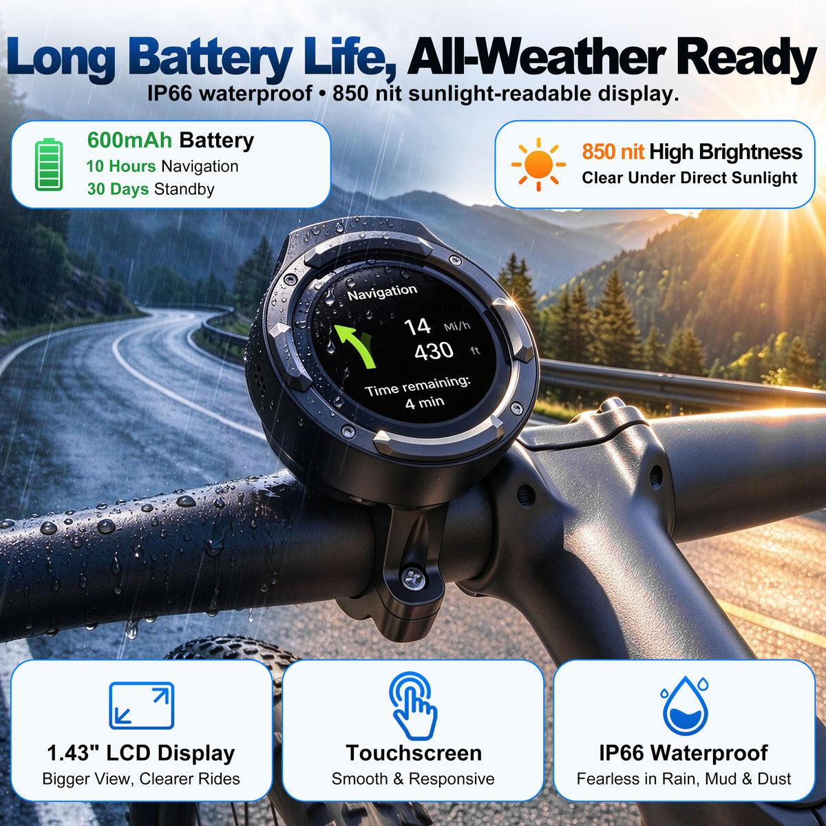 Weuaste RC10 Smart Bike Computer, 1.43" Touchscreen, Speedometer & Odometer, 850-Nit Display, Ride Data, Call & Message Alerts, IP66 Waterproof, Quick-Twist Mount for Bike, E-Bike & Motorcycle