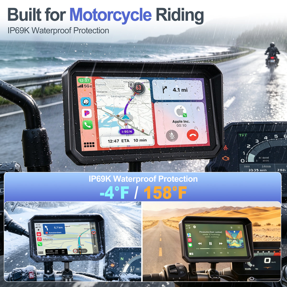 Weuaste 6" Motorcycle CarPlay Screen & Android Auto, Find My, Magnetic Mount, 1000-Nit Touchscreen, IP69K Waterproof, Smartphone GPS Navigation, Helmet Headset Support, Voice Control, Custom Boot Logo