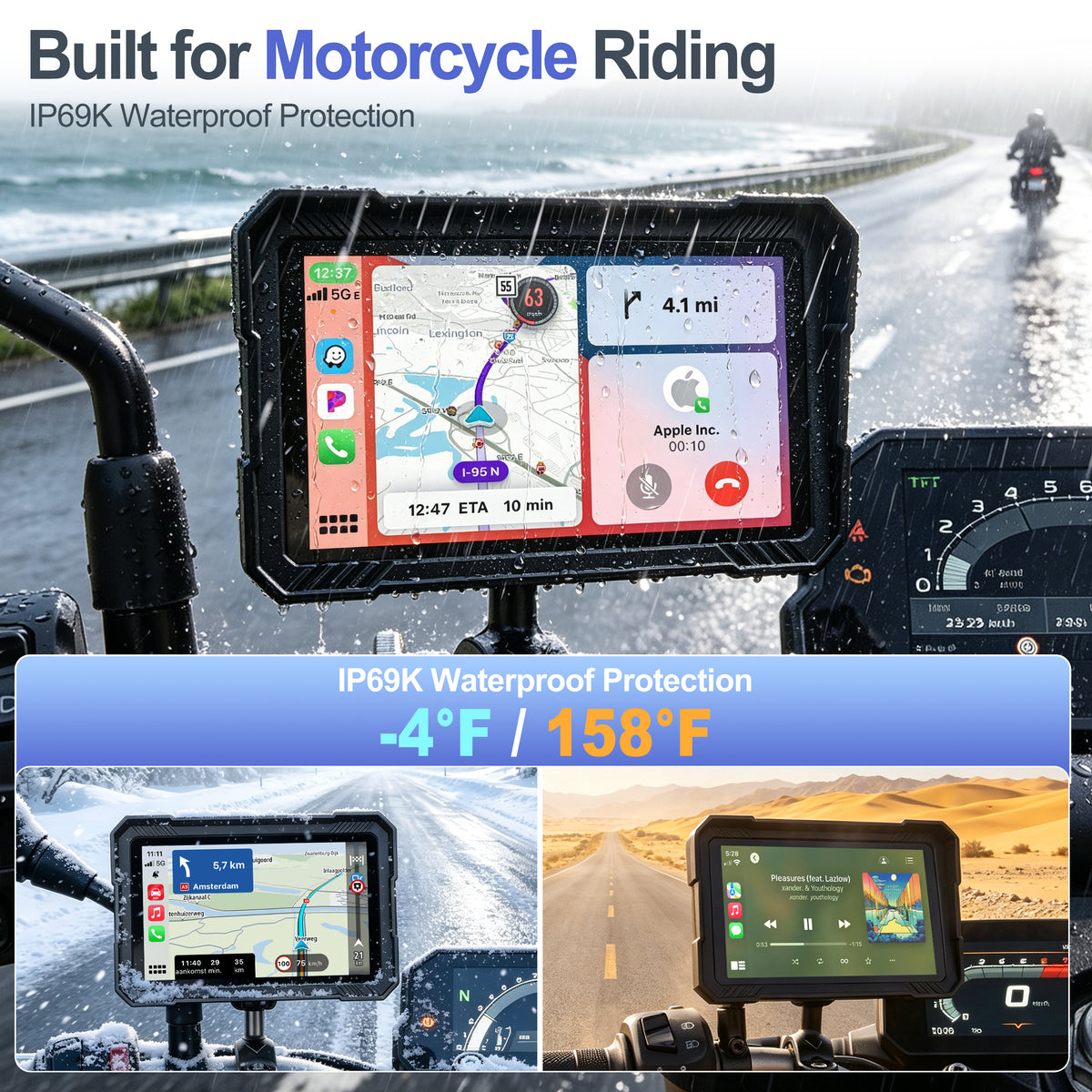 Weuaste 5" Motorcycle CarPlay Screen & Android Auto, Find My, Magnetic Mount, 1000-Nit Touchscreen, IP69K Waterproof, Smartphone GPS Navigation, Helmet Headset Support, Voice Control, Custom Boot Logo