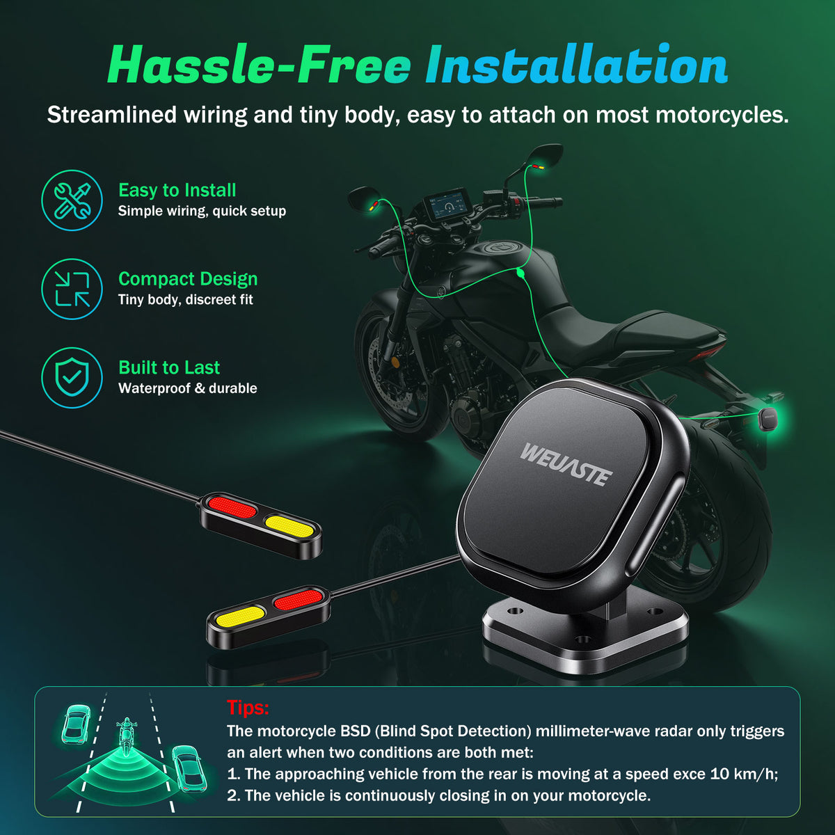 Weuaste BSD01 Motorcycle BSD Blind Spot Detection System, 24GHz Millimeter-Wave Radar, RCW Rear Collision Warning,IP69K Waterproof, All-Weather Safety Protection with LED Indicators Alert for All Moto