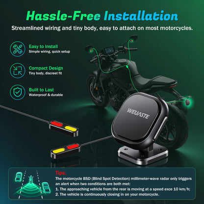 Weuaste BSD01 Motorcycle BSD Blind Spot Detection System, 24GHz Millimeter-Wave Radar, RCW Rear Collision Warning,IP69K Waterproof, All-Weather Safety Protection with LED Indicators Alert for All Moto