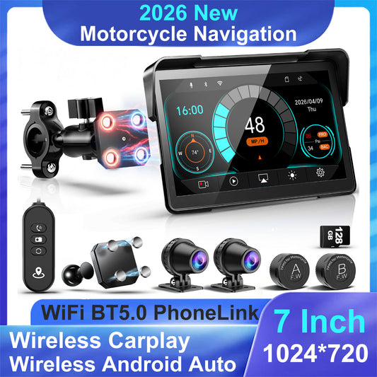 2026 Weuaste 7" Wireless GPS Motorcycle CarPlay(Includes 128G SD) with Android Auto Navigation, Dual 2K Dash Cam, HD Waterproof Screen, TPMS, Remote Control, BT, Quick Release Anti-Theft Design Mount