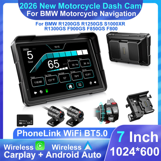 Weuaste Motorcycle CarPlay for BMW, Dual 2K Dash Cam, Native Data, Wonder Wheel, 7" Android Auto IP69K Waterproof GPS, Native Data Reading, TPMS, Light Sensor, IPS Touchscreen, 128GB Card, Loop Recording