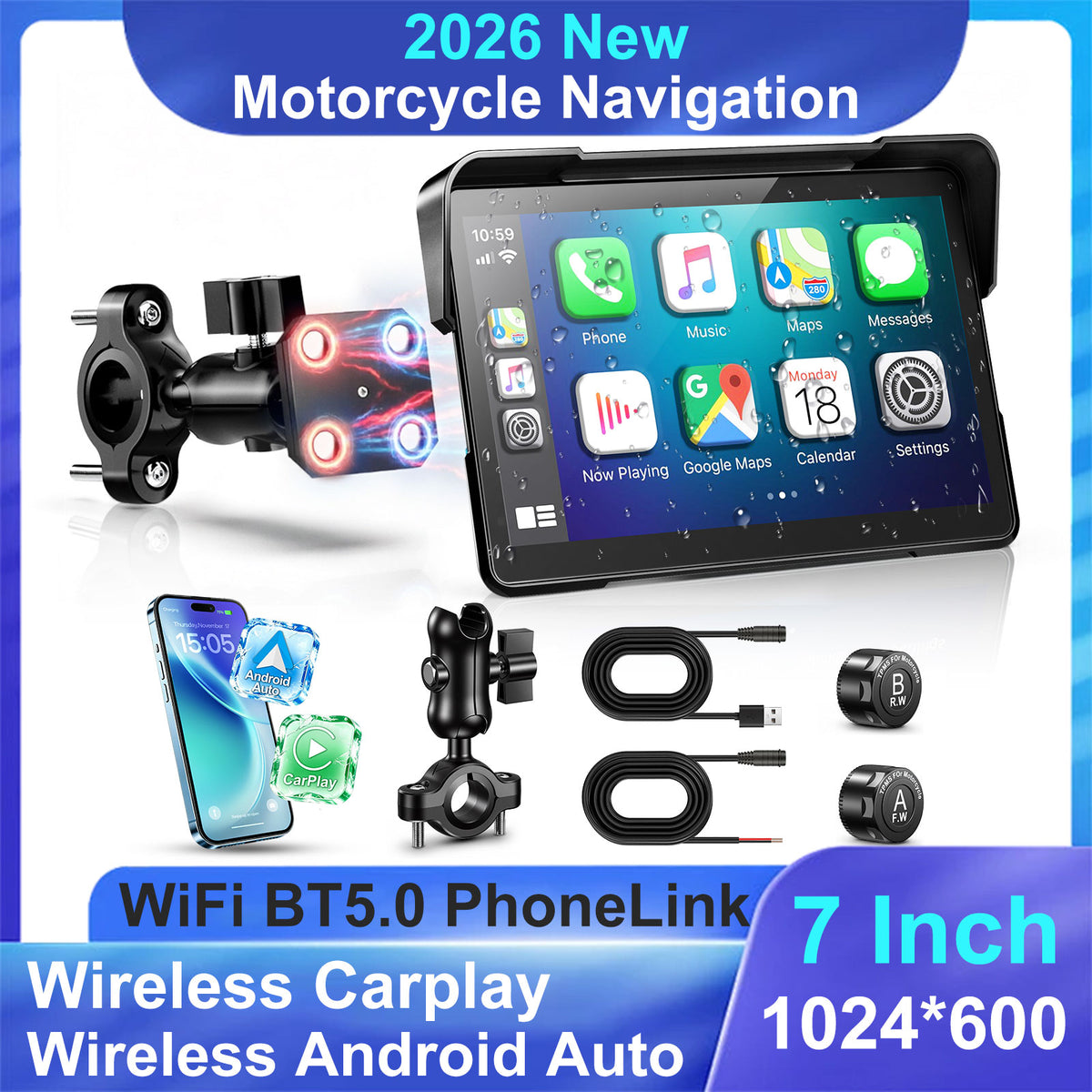 2026 Weuaste GPS Carplay 7 inch for Motorcycle with TPMS, Wireless CarPlay & Android Auto, GPS Nevigation, Supports Bluetooth, Siri, Google Assistant, Vioce Control, USB, IP69K HD Waterproof Touchscreen