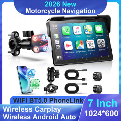 2026 Weuaste GPS Carplay 7 inch for Motorcycle with TPMS, Wireless CarPlay & Android Auto, GPS Nevigation, Supports Bluetooth, Siri, Google Assistant, Vioce Control, USB, IP69K HD Waterproof Touchscreen