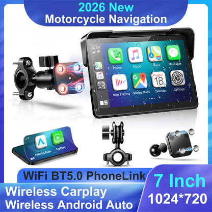 Weuaste Portable 7 inch Wireless Motorcycle Carplay GPS Screen with Android Auto, Navigation System Quick Release, Anti-thef, Bluetooth, Siri, Google Asistant, Light Sensor, Music Sharing,Vioce Control