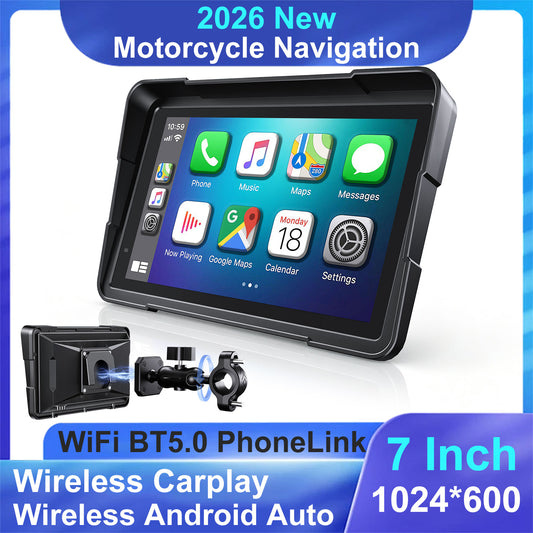 Weuaste 7" Motorcycle CarPlay Screen & Android Auto, Find My, Magnetic Mount, 1000-Nit Touchscreen, IP69K Waterproof, Smartphone GPS Navigation, Helmet Headset Support, Voice Control, Custom Boot Logo