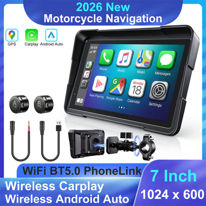 Weuaste YZW 7" Motorcycle CarPlay Screen & Android Auto, Find My, TPMS, USB Power, Magnetic Mount, 1000-Nit Touchscreen, IP69K Waterproof, Smartphone GPS Navigation, Helmet Headset Support, Voice Control