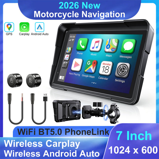Weuaste YZW 7" Motorcycle CarPlay Screen & Android Auto, Find My, TPMS, USB Power, Magnetic Mount, 1000-Nit Touchscreen, IP69K Waterproof, Smartphone GPS Navigation, Helmet Headset Support, Voice Control