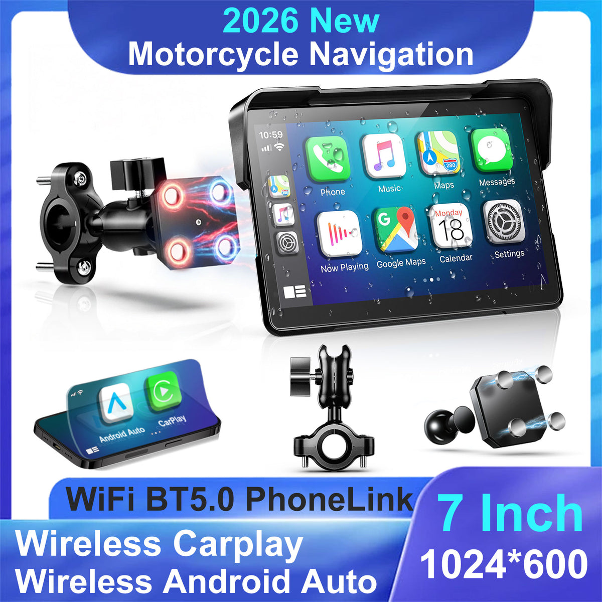 Weuaste Portable 7 inch Wireless Motorcycle Carplay GPS Screen with Android Auto, Navigation System Quick Release, Anti-thef, Bluetooth, Siri, Google Asistant, Light Sensor, Music Sharing,Vioce Control