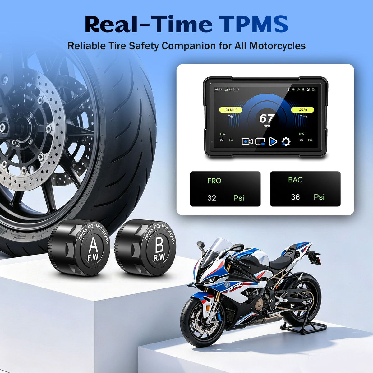 2026 Weuaste 7" Wireless Motorcycle CarPlay (Includes 128G SD) with TPMS, Android Auto, GPS Navigation, Dual 2K Dash Cam, IP69K Waterproof Touchscreen, BT, Quick Release, Anti-Glare Screen, Vioce Control