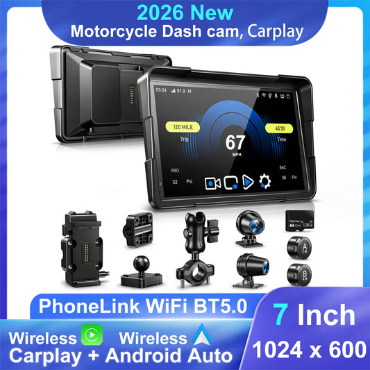 2026 Weuaste 7" Wireless Motorcycle CarPlay (Includes 128G SD) with TPMS, Android Auto, GPS Navigation, Dual 2K Dash Cam, IP69K Waterproof Touchscreen, BT, Quick Release, Anti-Glare Screen, Vioce Control
