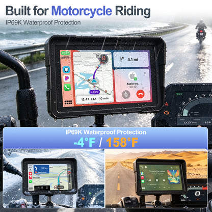 Weuaste 7" Motorcycle CarPlay Screen & Android Auto, Find My, Magnetic Mount, 1000-Nit Touchscreen, IP69K Waterproof, Smartphone GPS Navigation, Helmet Headset Support, Voice Control, Custom Boot Logo