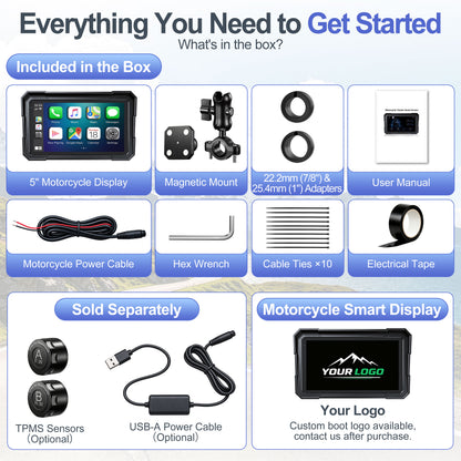 Weuaste 5" Motorcycle CarPlay Screen & Android Auto, Find My, Magnetic Mount, 1000-Nit Touchscreen, IP69K Waterproof, Smartphone GPS Navigation, Helmet Headset Support, Voice Control, Custom Boot Logo