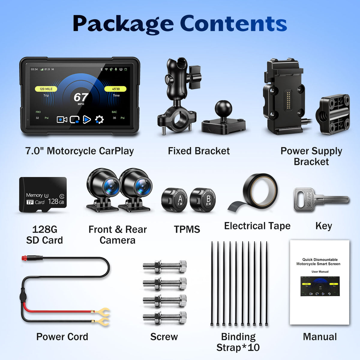 2026 Weuaste 7" Wireless Motorcycle CarPlay (Includes 128G SD) with TPMS, Android Auto, GPS Navigation, Dual 2K Dash Cam, IP69K Waterproof Touchscreen, BT, Quick Release, Anti-Glare Screen, Vioce Control