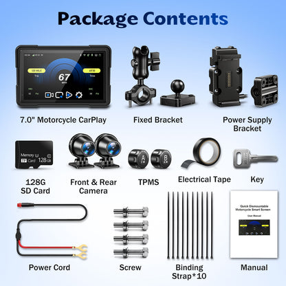 2026 Weuaste 7" Wireless Motorcycle CarPlay (Includes 128G SD) with TPMS, Android Auto, GPS Navigation, Dual 2K Dash Cam, IP69K Waterproof Touchscreen, BT, Quick Release, Anti-Glare Screen, Vioce Control
