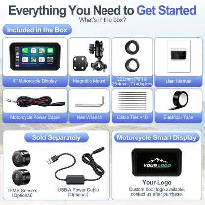 Weuaste 6" Motorcycle CarPlay Screen & Android Auto, Find My, Magnetic Mount, 1000-Nit Touchscreen, IP69K Waterproof, Smartphone GPS Navigation, Helmet Headset Support, Voice Control, Custom Boot Logo