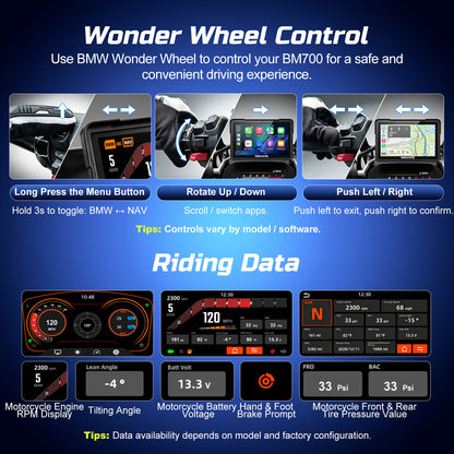 Weuaste Motorcycle CarPlay for BMW, Android Auto GPS, Wonder Wheel Control, 7" IP69K Waterproof Navigation for BMW Motorcycle Touchscreen, Native Data Reading, TPMS, 1000-Nit Light Sensor, Plug & Play