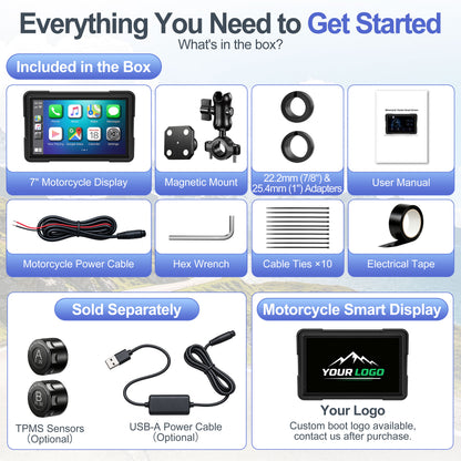 Weuaste 7" Motorcycle CarPlay Screen & Android Auto, Find My, Magnetic Mount, 1000-Nit Touchscreen, IP69K Waterproof, Smartphone GPS Navigation, Helmet Headset Support, Voice Control, Custom Boot Logo