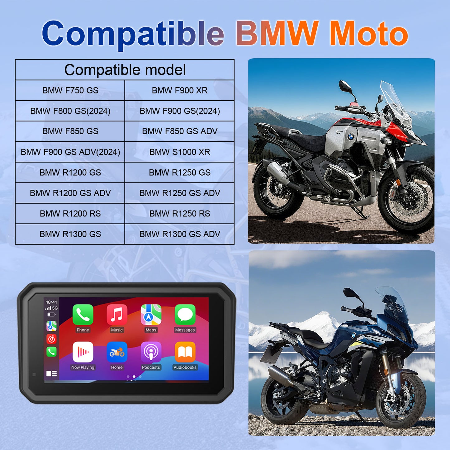 Motorcycle Carplay Screen for BMW R1200GS/R1200GSADV /R1250GS/R1250GSADV Motorcycle, 6 inch Waterproof Touchscreen, Portable Carplay/Android Auto GPS Navigation for Motorbike, Dual Bluetooth