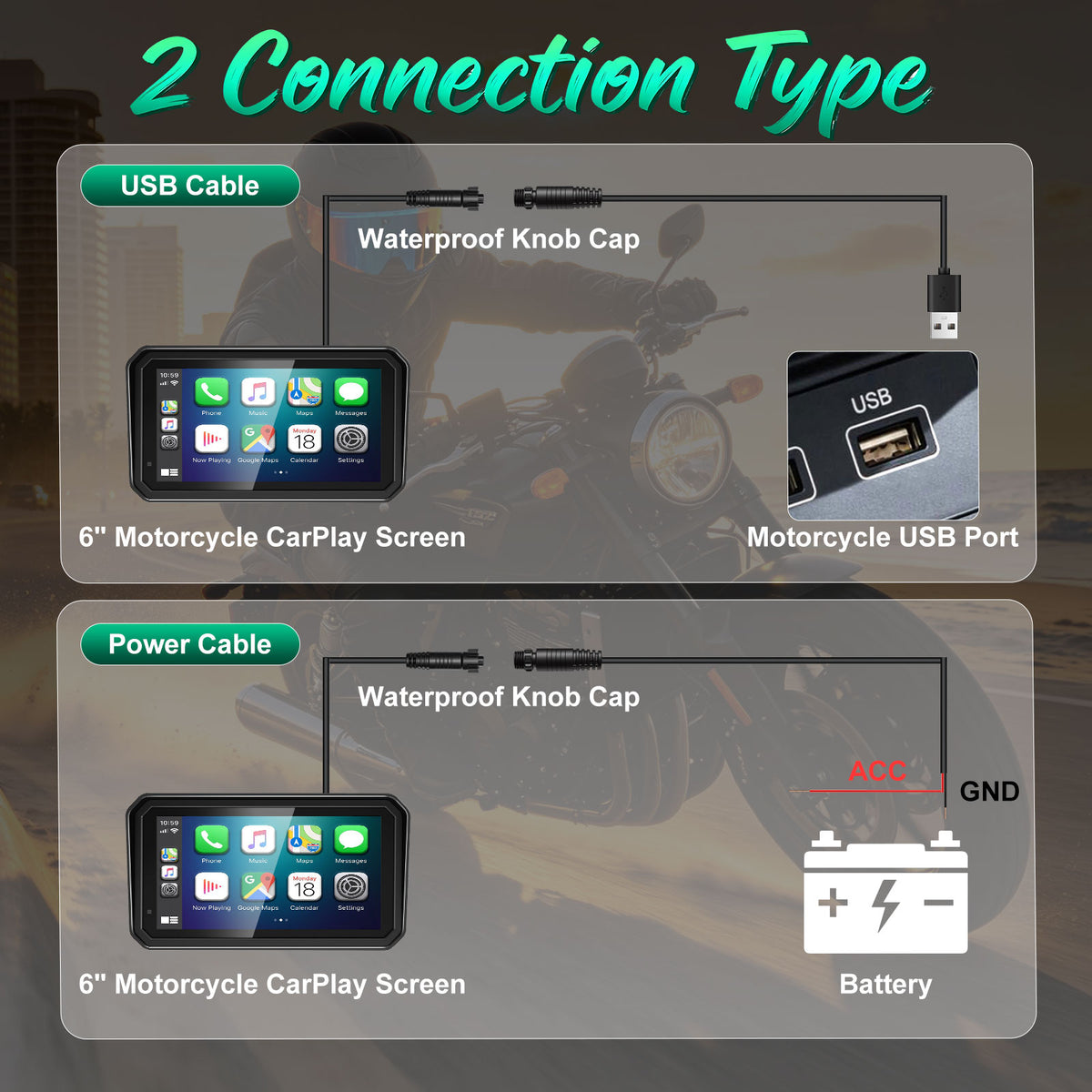 2026 Weuaste GPS Carplay 6 inch for Motorcycle with TPMS, Wireless CarPlay & Android Auto, GPS Nevigation, Supports Bluetooth, Siri, Google Assistant, Vioce Control, USB, IP69K HD Waterproof Touchscreen