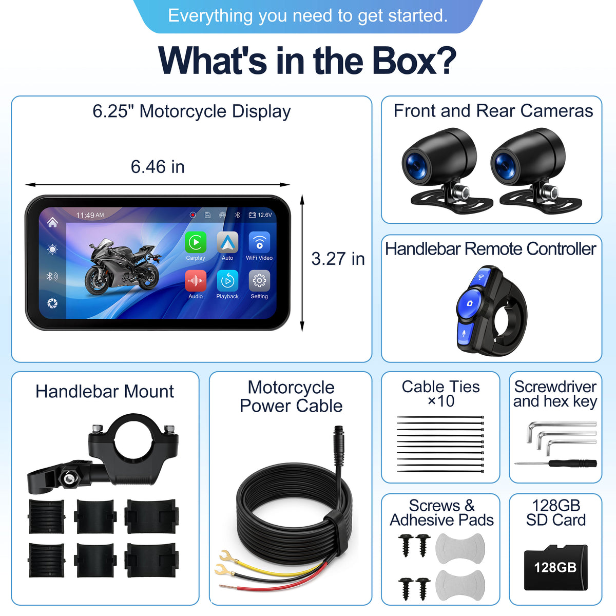 WEUASTE Motorcycle Dash Cam, Portable Motorcycle Carplay/Android Auto, Motorbike GPS Navigation System, 6.25" IP67 Waterproof Touchscreen, Remote Control, Siri, Google Assistant, Free 128G SD Card