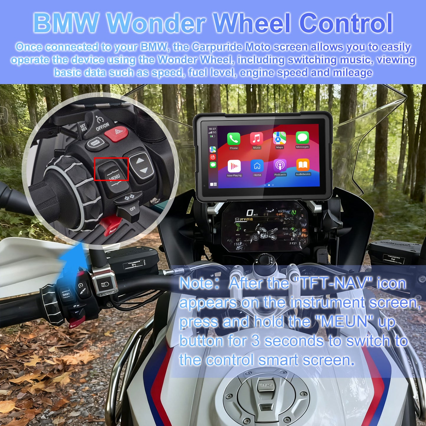 2025 WEUASTE Professional BM700 for BMW R1200GS R1250GS S1000XR Motorcycle CarPlay & Android Auto, 7" Waterproof GPS Screen, Data Reading, Native Wonder, TPMS, Light Sensor, Music Sharing, Intercom,16-Pin