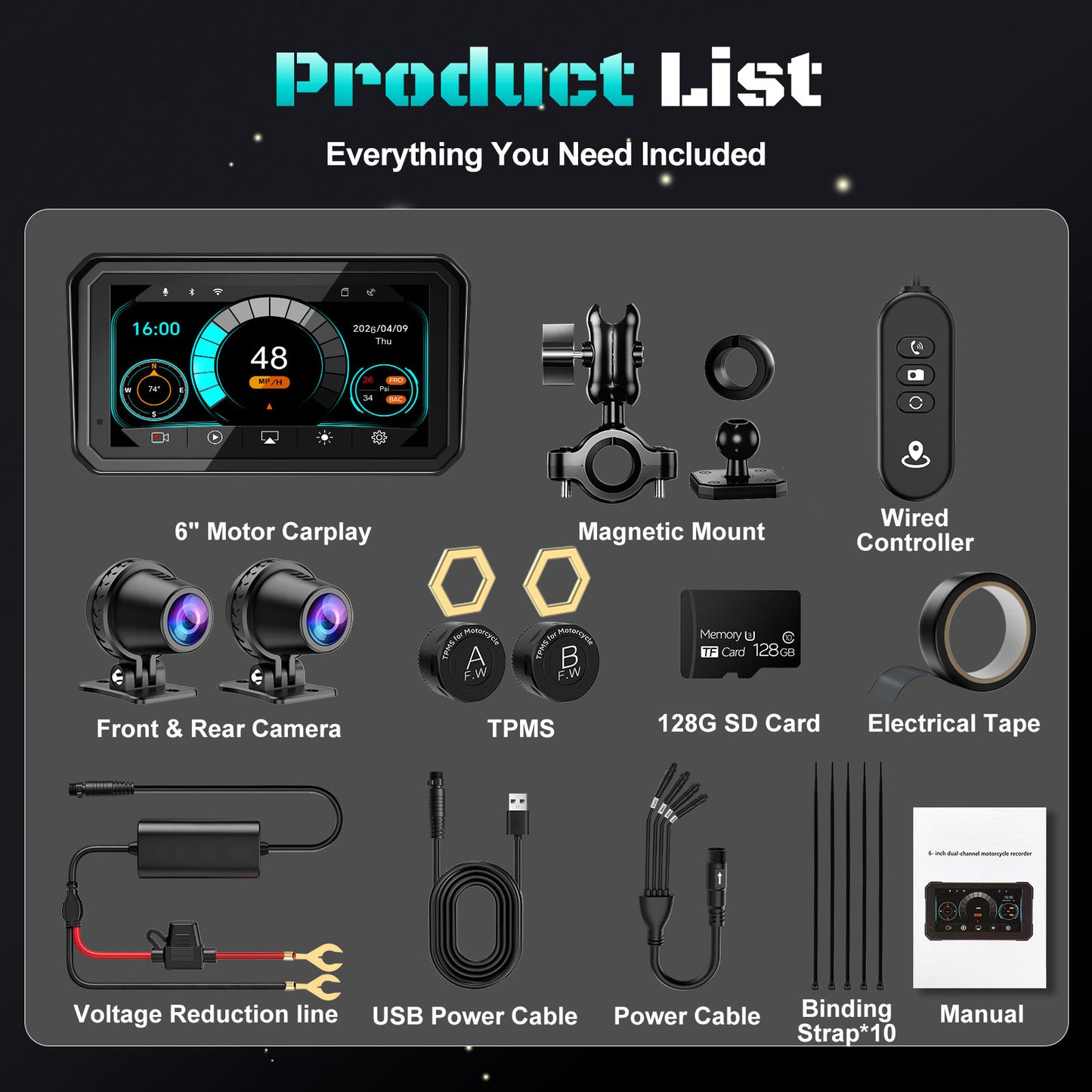 2026 Weuaste 6" Portable Motorcycle CarPlay GPS(Includes 128G SD), with Wireless Android Auto, Dual 2K Dash Cam/Recorder, Navigation, HD Waterproof Touchscreen, Quick-Release Magnetic Bracket, TPMS, BT