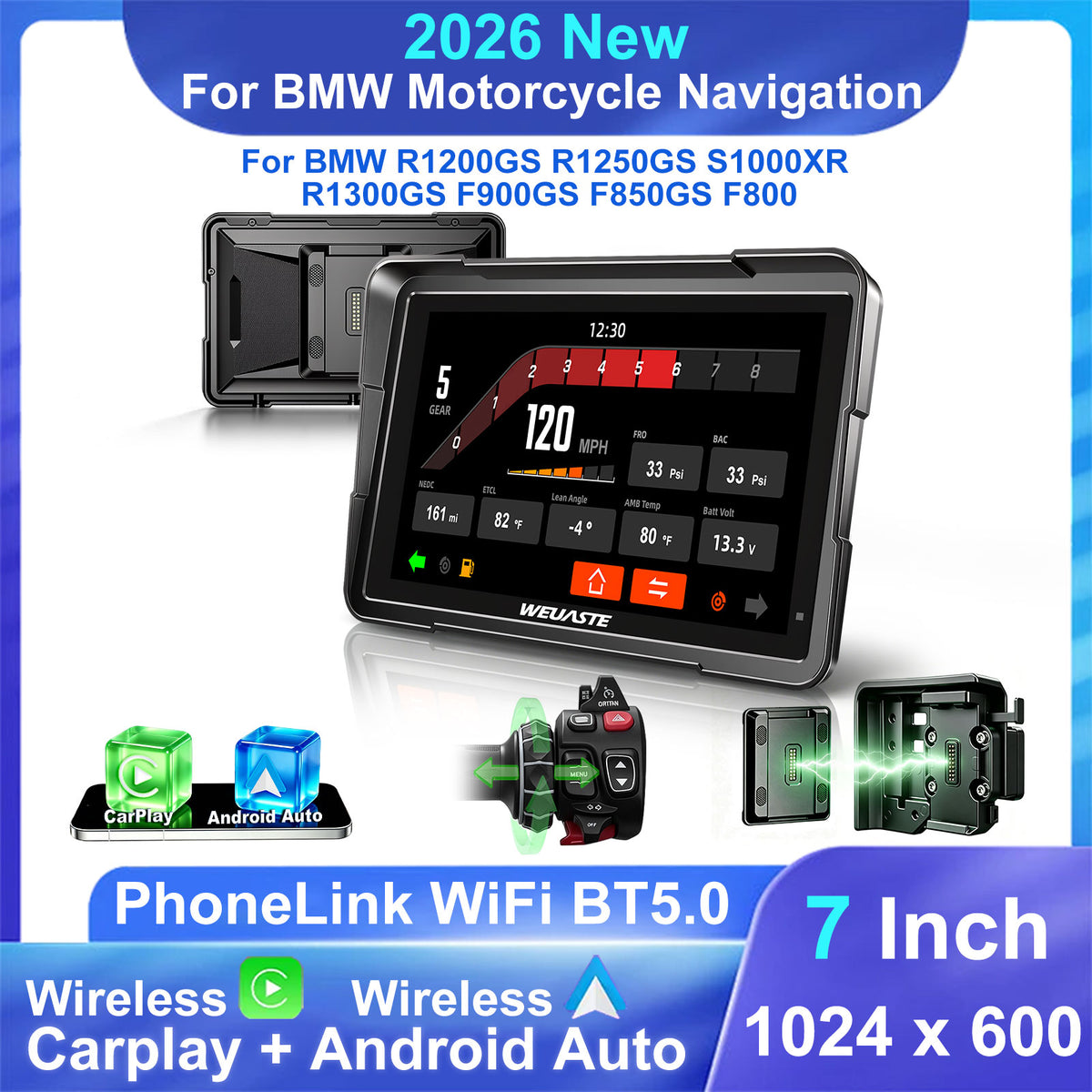 Weuaste Motorcycle CarPlay for BMW, Android Auto GPS, Wonder Wheel Control, 7" IP69K Waterproof Navigation for BMW Motorcycle Touchscreen, Native Data Reading, TPMS, 1000-Nit Light Sensor, Plug & Play