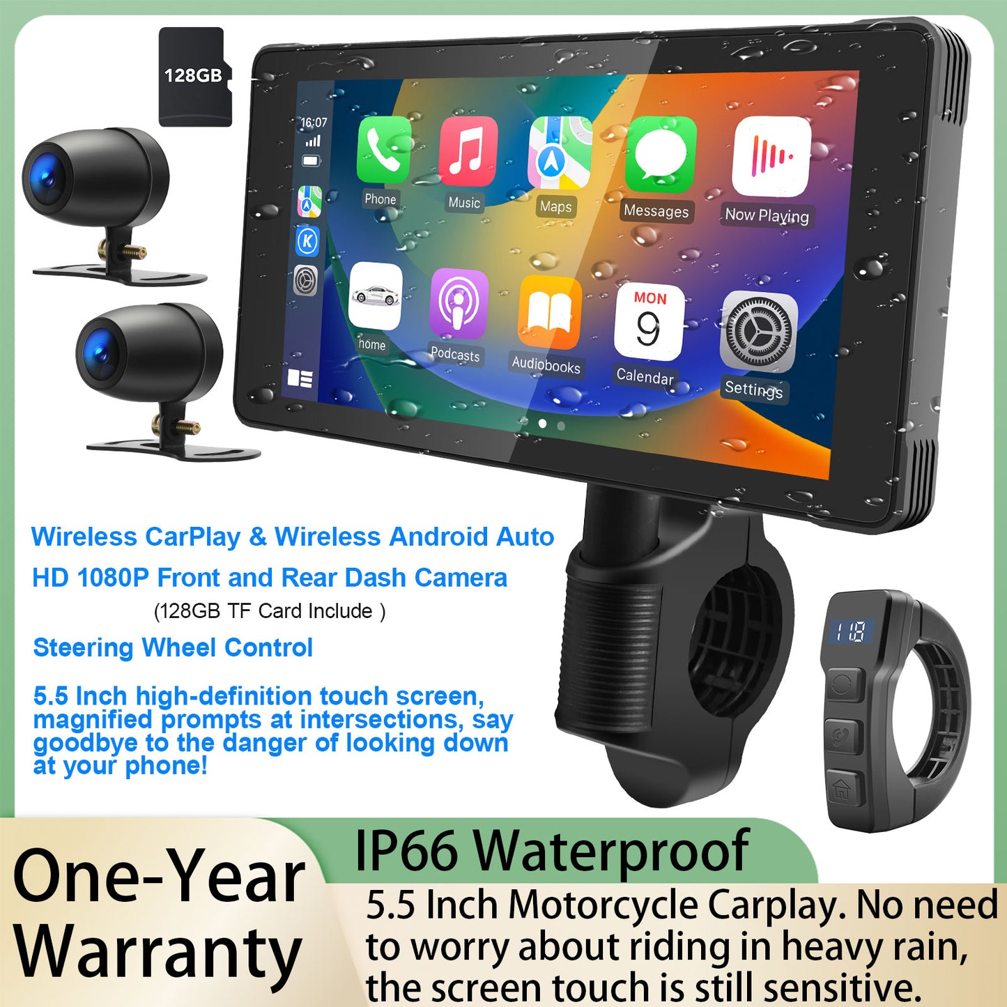 WEUASTE Motorcycle Dash Cam: Wireless Motorcycle Carplay, Android Auto, Motorbike TPMS, 5.5 inch Waterproof Touchscreen, Dual HD 1080P Cameras, Support Bluetooth/Siri/Google Assistant, SD-128GB