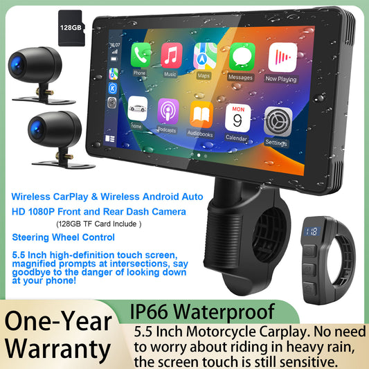 WEUASTE 5.5" Motorcycle Dash Cam DVR, Motorcycle Carplay & Android Auto, Motorbike GPS Navigation System, Dual HD 1080P Cameras, IP66 Waterproof, Digital Remote Control, 128GB SD Card, Support Siri