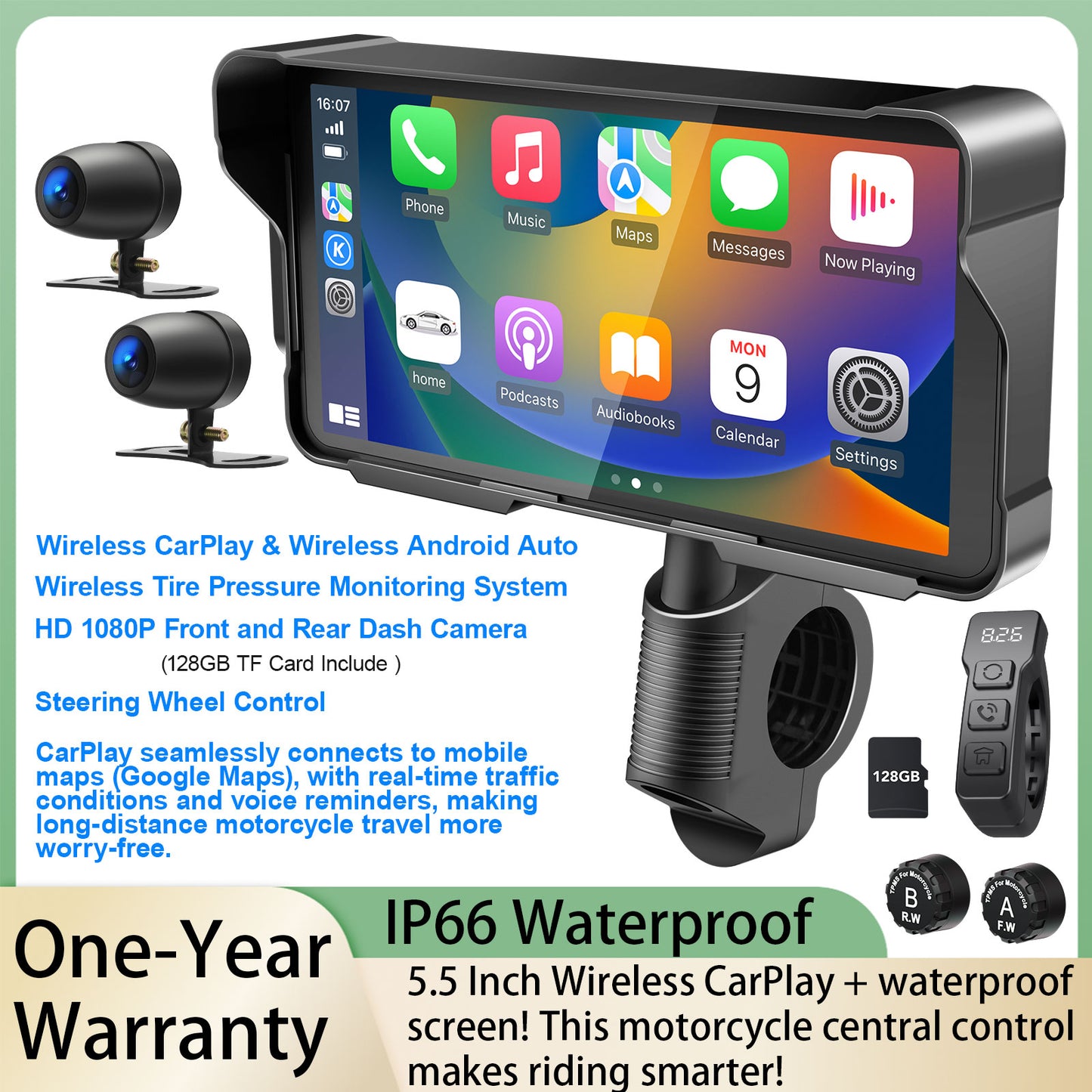 WEUASTE Motorcycle Dash Cam: Wireless Motorcycle Carplay, Android Auto, Motorbike TPMS, 5.5 inch Waterproof Touchscreen, Dual HD 1080P Cameras, Support Bluetooth/Siri/Google Assistant, SD-128GB
