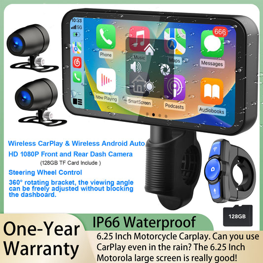 WEUASTE Motorcycle Dash Cam, Portable Motorcycle Carplay/Android Auto, Motorbike GPS Navigation System, 6.25" IP67 Waterproof Touchscreen, Remote Control, Siri, Google Assistant, Free 128G SD Card