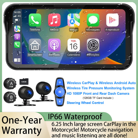 WEUASTE Motorcycle Dash Cam, Motorcycle Carplay/Android Auto, Motorbike TPMS GPS Navigation System, 6.25" IP67 Waterproof Touchscreen, Remote Control, Loop Recording, Support Siri, Free 128G SD Card