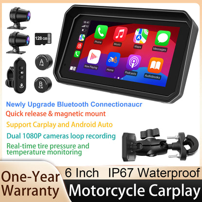 Weuaste MT600 Pro Motorcycle Dash Cam, Quick-Release Magnetic Mount, Motorcycle Carplay & Android Auto GPS Navigation for Motorbike, Dual HD 1080P Camera, TPMS, 6" IP67 Waterproof Touchscreen, Siri