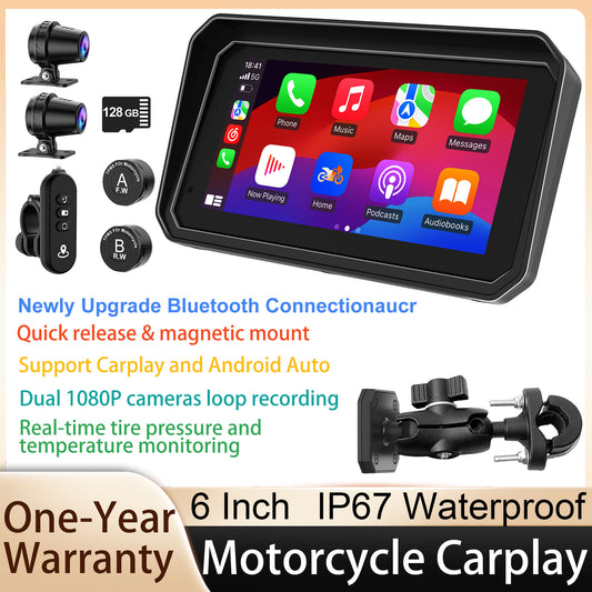 Weuaste MT600 Pro Motorcycle Dash Cam, Quick-Release Magnetic Mount, Motorcycle Carplay & Android Auto GPS Navigation for Motorbike, Dual HD 1080P Camera, TPMS, 6" IP67 Waterproof Touchscreen, Siri