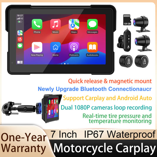 Weuaste MT700 Pro Portable Wireless Motorcycle Carplay & Android Auto Screen, Motorcycle Dash Cam/Camera, Motorbike TPMS, 7" Moto Carplay GPS Waterproof Touch Screen, Quick-Release Magnetic Mount