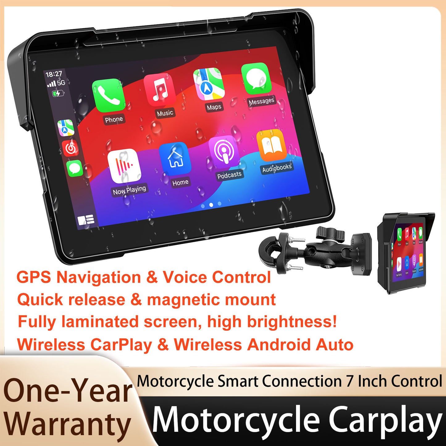 Weuaste MT700 Pro Portable Wireless Motorcycle Carplay & Android Auto Screen, Motorcycle Dash Cam/Camera, Motorbike TPMS, 7" Moto Carplay GPS Waterproof Touch Screen, Quick-Release Magnetic Mount