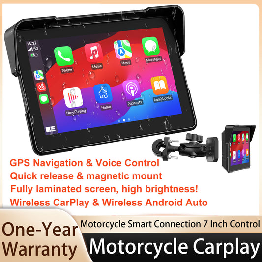 Weuaste MT700 Wireless Motorcycle CarPlay/Android Auto, 7" IP67 Waterproof GPS Navigation Touchscreen, Anti-Theft Design Quick-Release Magnetic Mount, Music Sharing, Light Sensor, Siri/Google Assistant