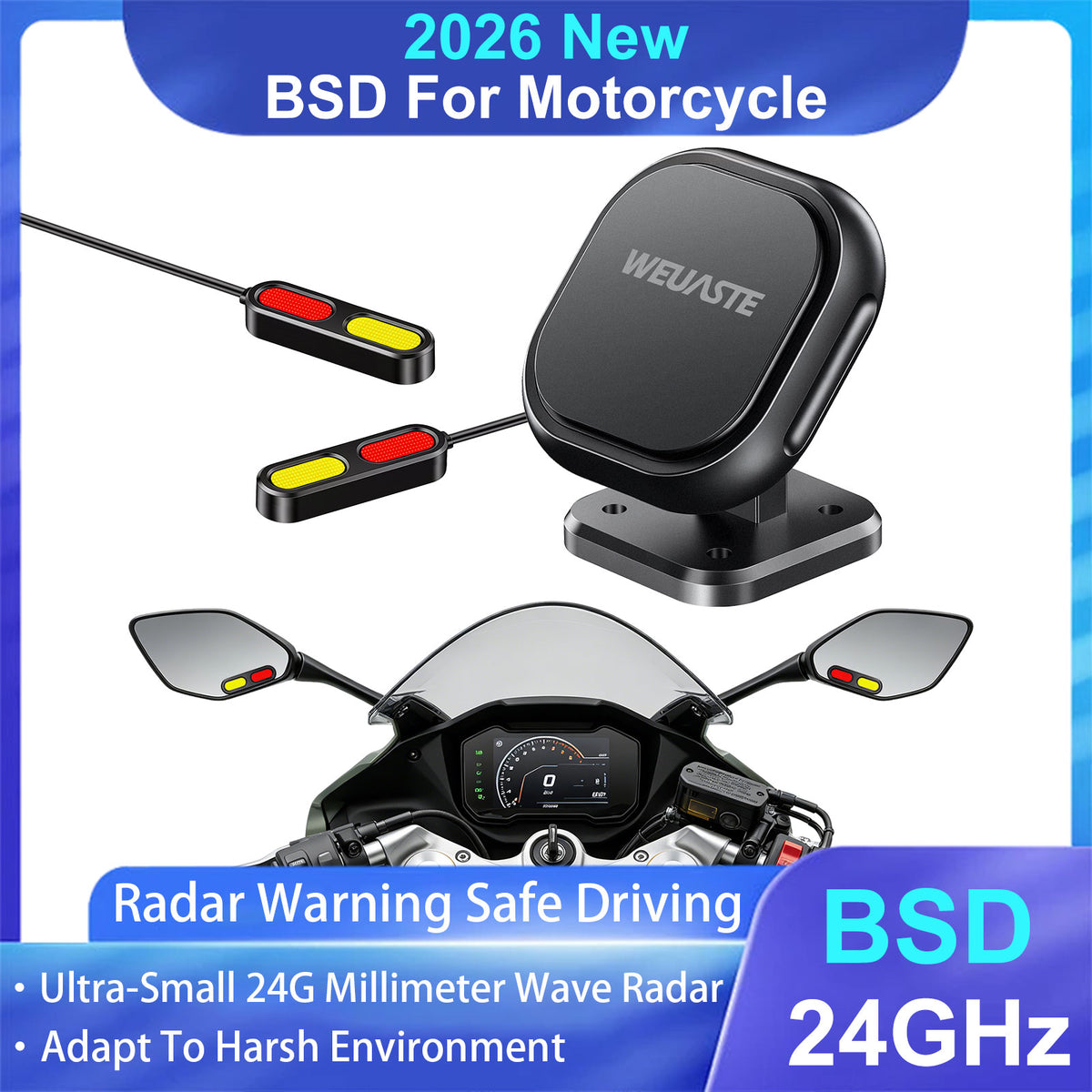 Weuaste BSD01 Motorcycle BSD Blind Spot Detection System, 24GHz Millimeter-Wave Radar, RCW Rear Collision Warning,IP69K Waterproof, All-Weather Safety Protection with LED Indicators Alert for All Moto